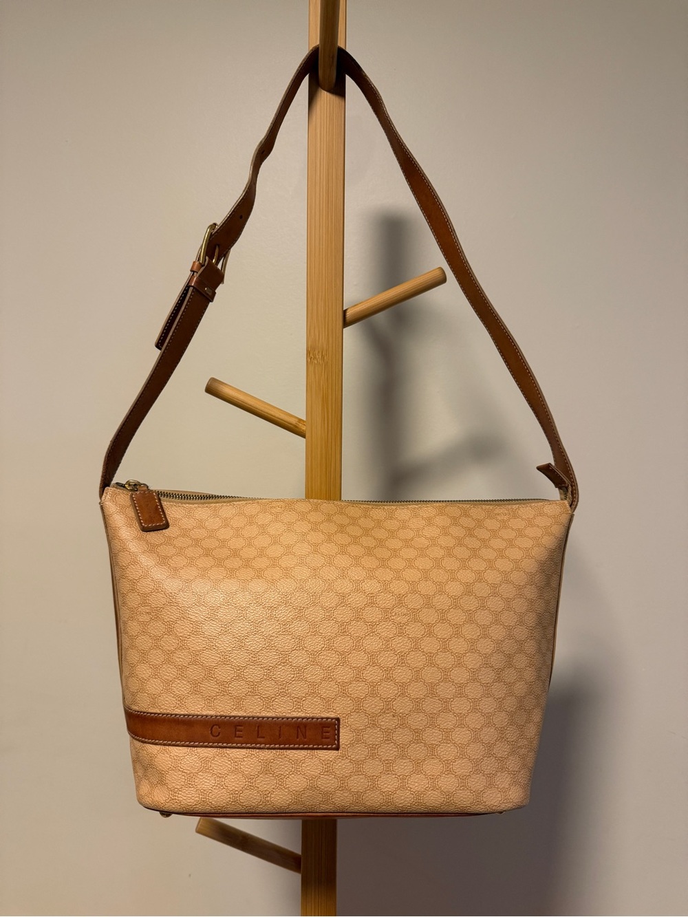 Celine Macadam Tan Canvas Shoulder Bag with Brown Leather Trim Large Vintage